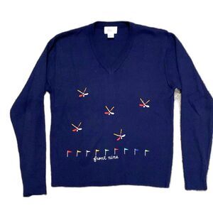 Vintage 70s MGI Navy Acrylic V-Neck Embroidered Golf Themed Sweater Sz L